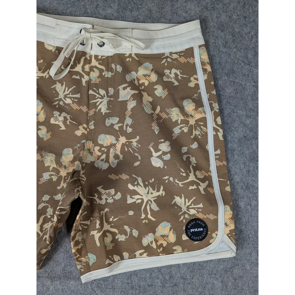 prAna Mens Brown Abstract Floral Scalloped Hem Board Shorts Swim Trunks 28/06
